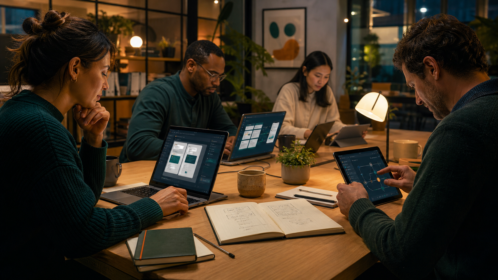 成人在夜間課程中使用電腦和平板學習 Vibe Coding